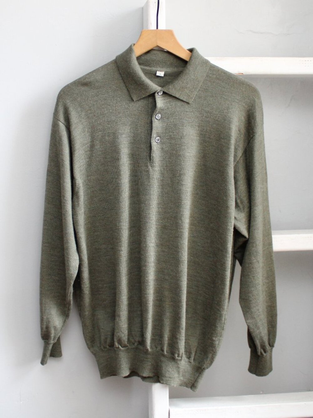 Italian Green Knit Wool Silk Cashmere 3 Button Placket Pullover Sweater Large